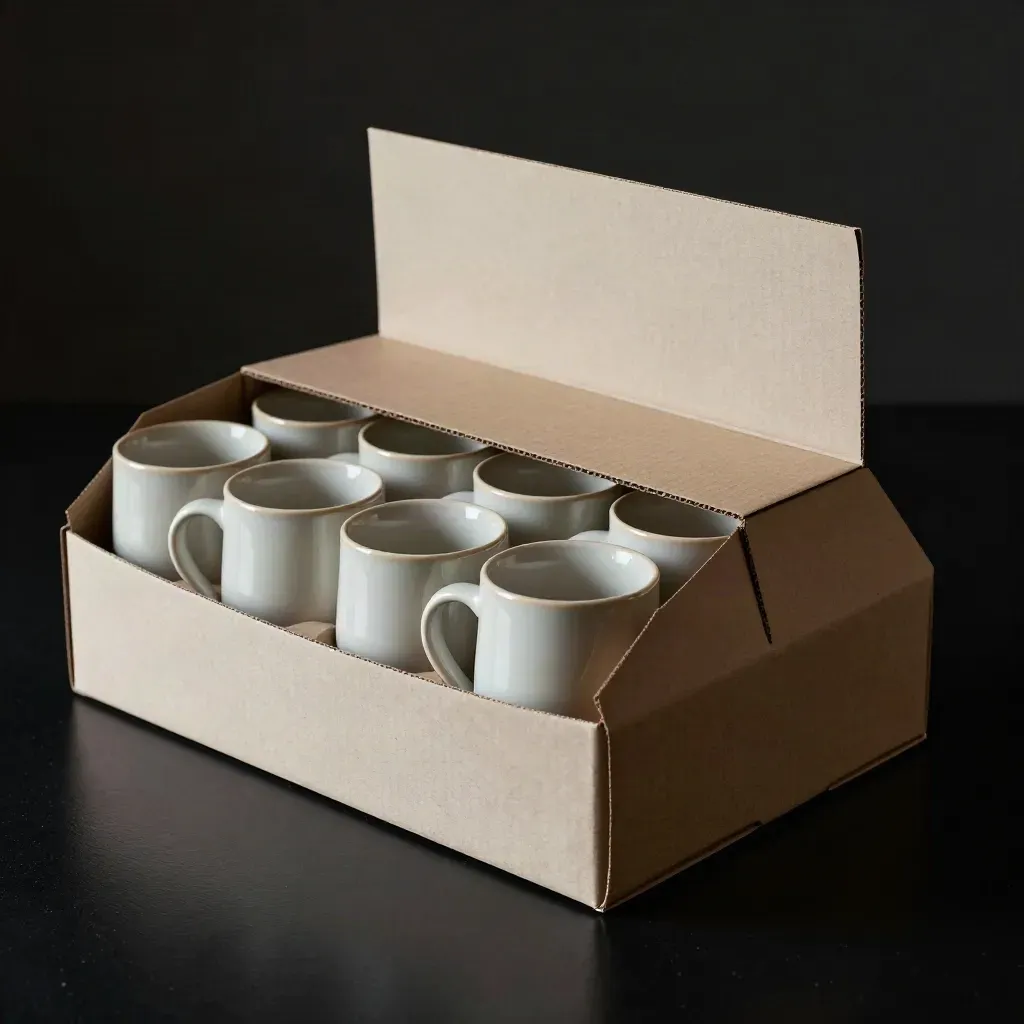 Open mug case pack with rows of ceramic mugs in dramatic studio light.