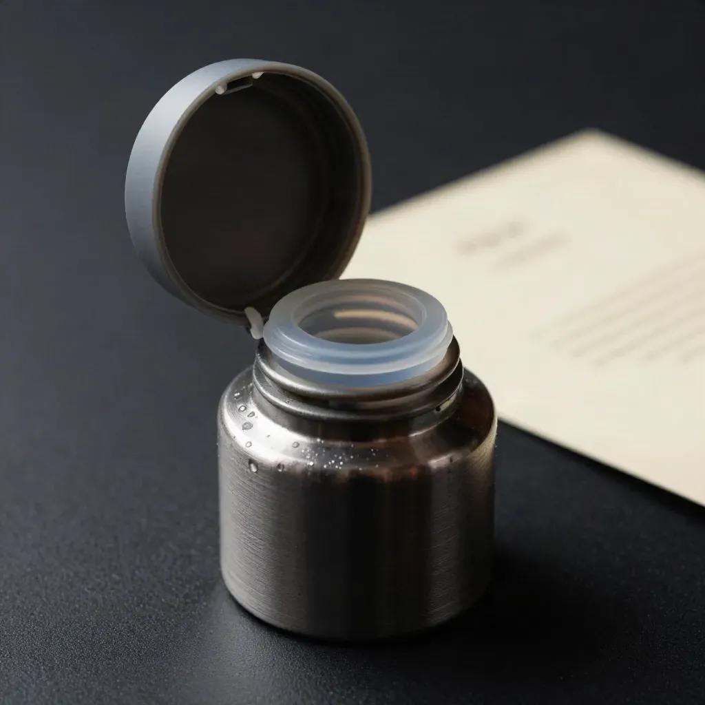 Open leakproof bottle lid with silicone seal beside a chilled bottle neck on a dark surface