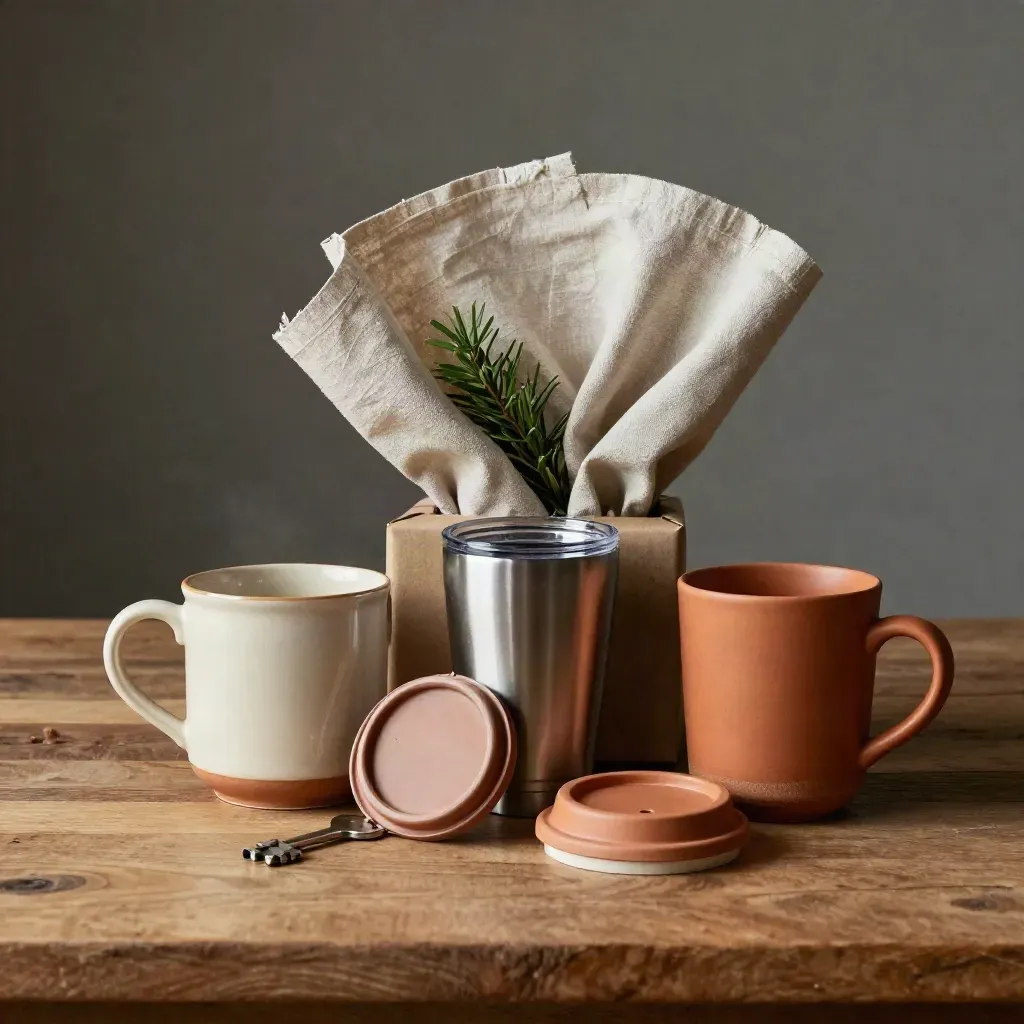 Gift set of mugs, tumbler, lids, and wrapped box on a warm wood table