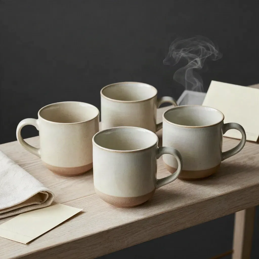 Four ceramic mugs with linen and tray on a pale wood bench in dramatic studio light.