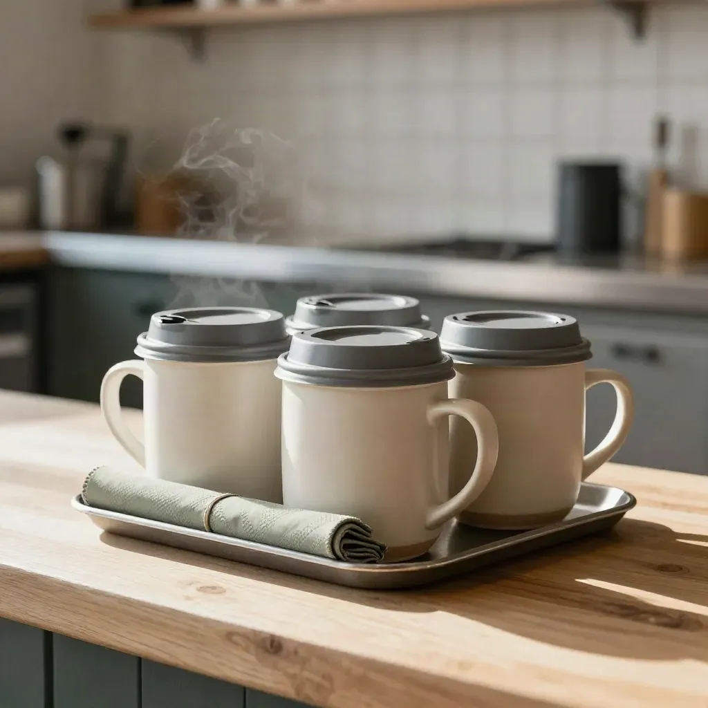 Cafe starter pack of mugs, lids, sleeves and tray on a pale butcher block, softly lit.