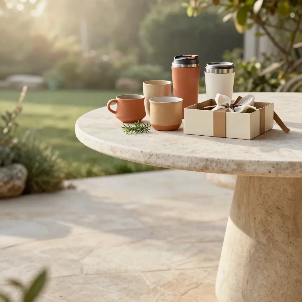Gift set of mugs and reusable cup on a sunlit stone terrace by a garden edge.