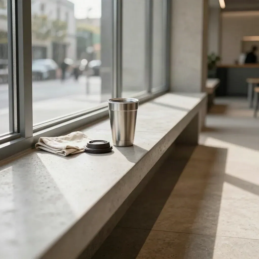Sunlit concrete café interior with a lone tumbler on a window sill and calm space for copy.