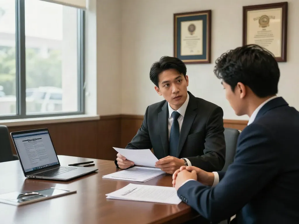 DUI lawyer Cherokee County GA consulting with client in modern law office.
