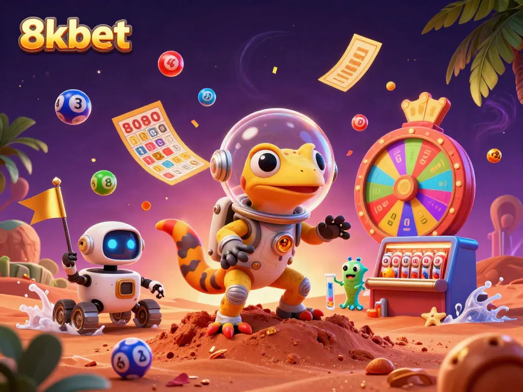 Celebrate wins at 8xbet with a Martian gecko discovering a golden casino amidst colorful lottery elements.