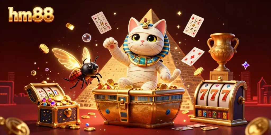 Experience gaming excitement with hm 88 as the mummy cat bursts from a sarcophagus in a vibrant pyramid casino.