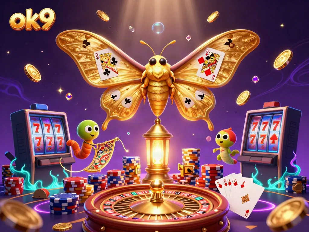 Spin the reels at OK9 with golden moths, coins, and vibrant casino elements!