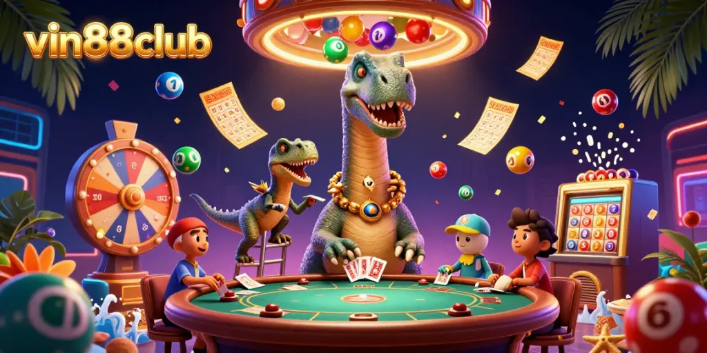 Experience the excitement of vin88club with vibrant lottery elements and casino characters depicted in a dynamic scene.