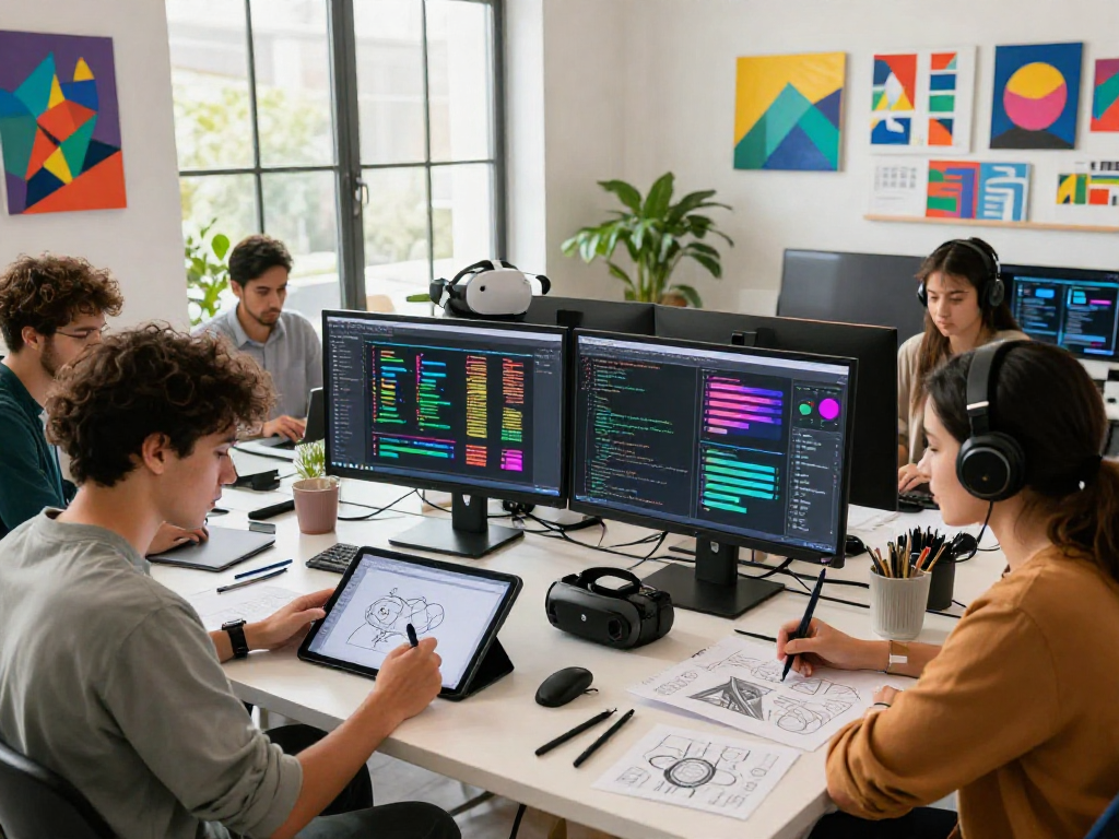AI NSFW collaborative digital art studio scene with diverse creators brainstorming.