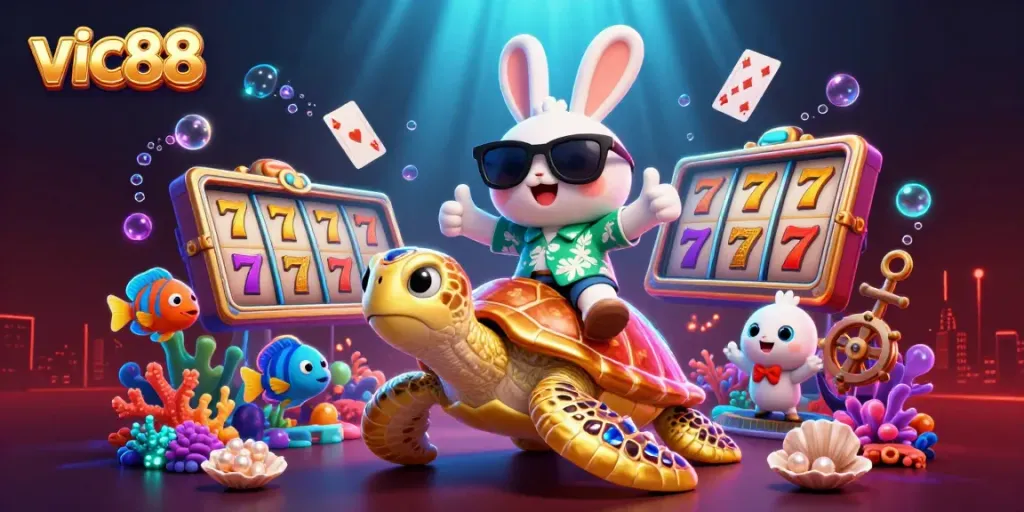 Win big with Vic88's vibrant 3D gambling scene featuring slots and lucky symbols!