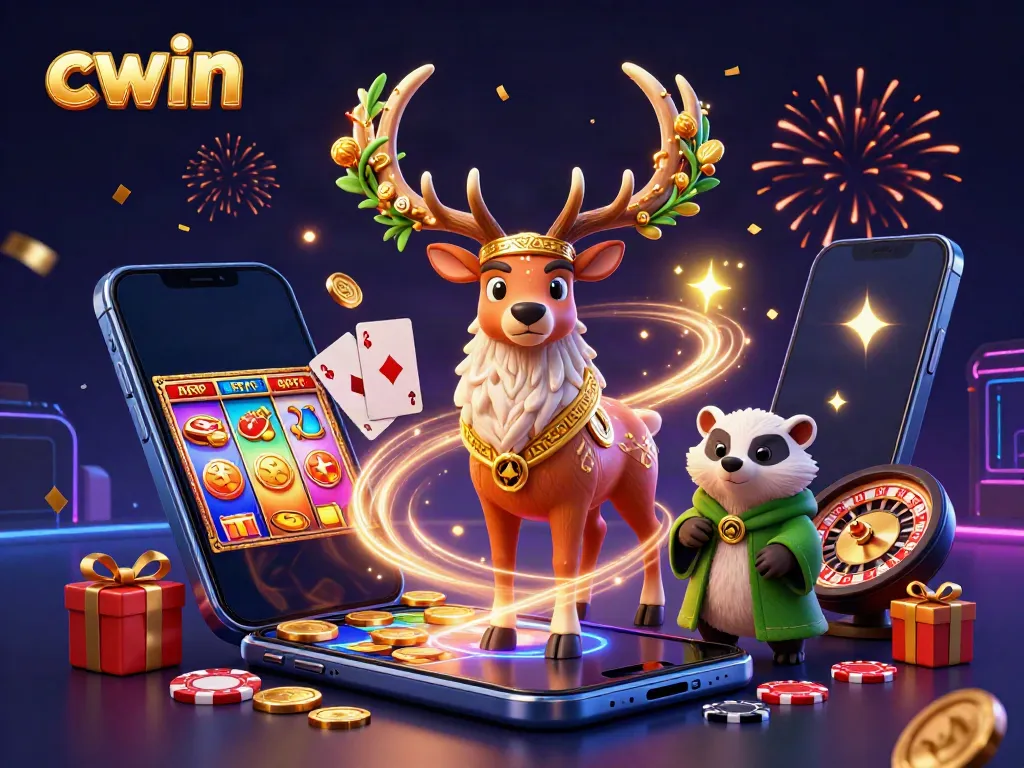 Cwin gaming illustration showcasing a Celtic druid stag with magical elements amidst vibrant casino action.