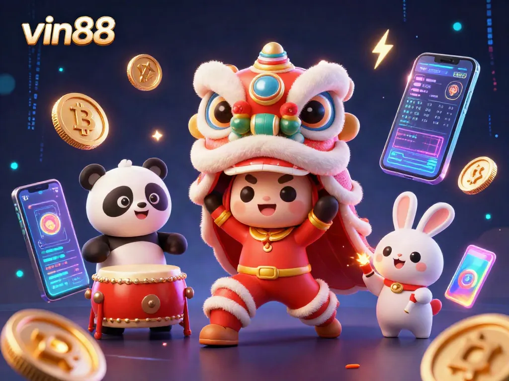 Experience thrilling gameplay at vin88 with vibrant casino-themed 3D illustration featuring a lion dance, crypto coins, and dynamic effects.