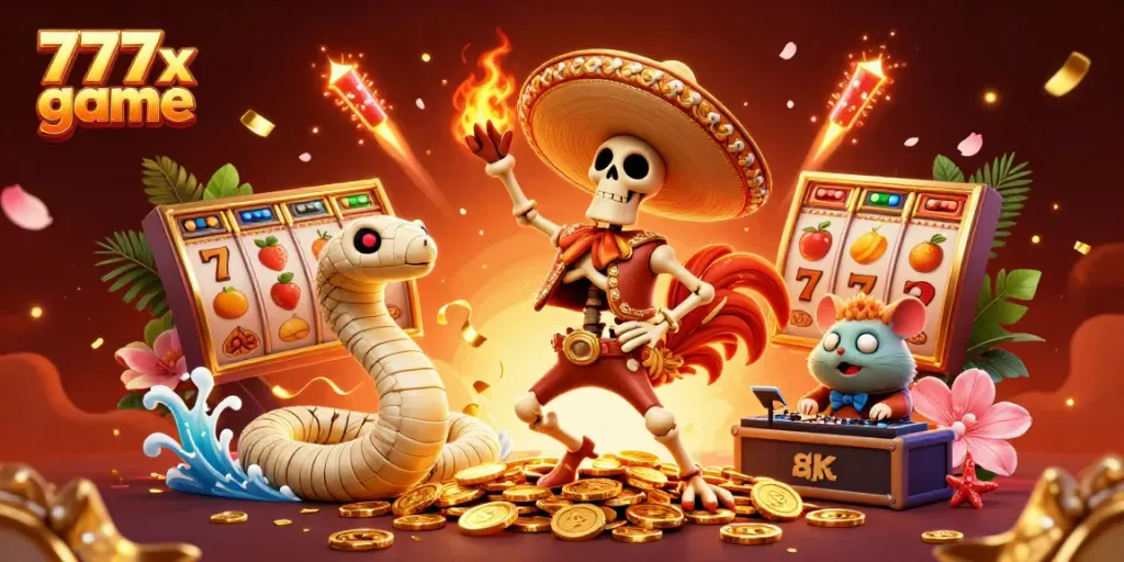 Experience the vibrant excitement of 777x game with dynamic characters and engaging casino elements.