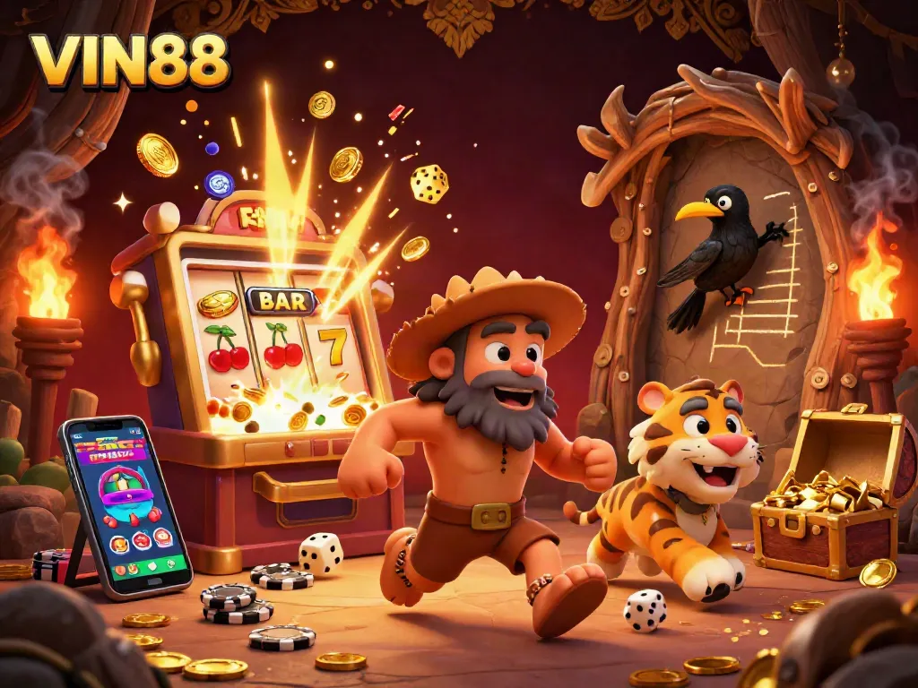 The dynamic scene showcases the VIN88 prehistoric casino led by a caveman and sabertooth tiger duo, amidst a vibrant jackpot explosion.