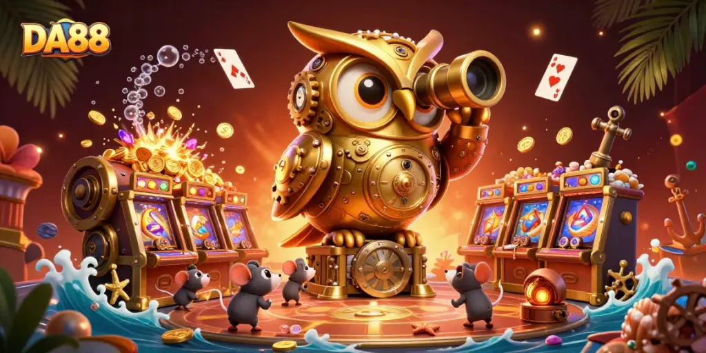 Engage with DA88 casino action amidst 3D golden owl and vibrant gaming elements.