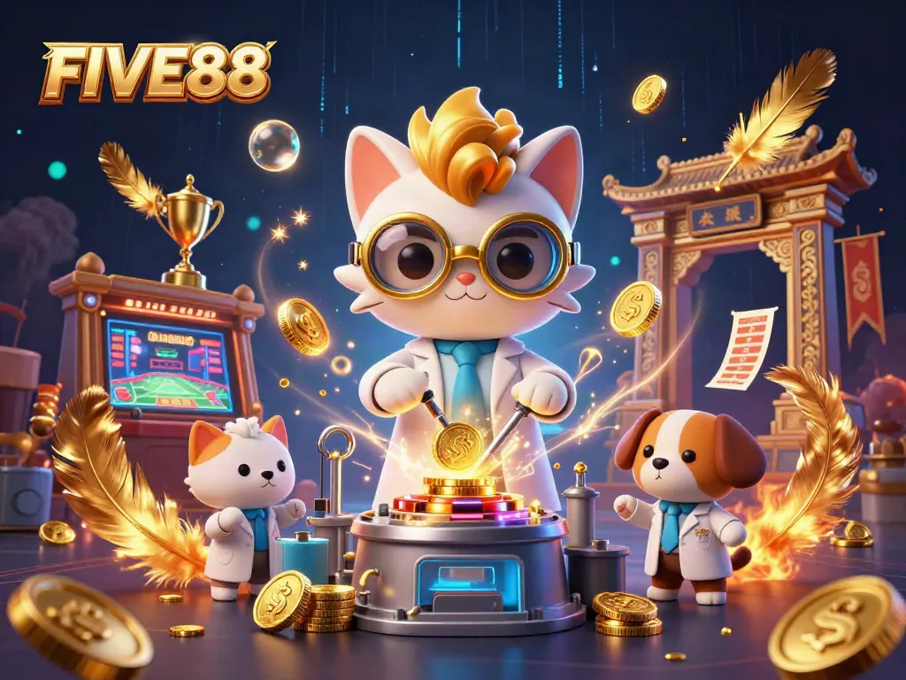 Experience excitement at FIVE88 with a vibrant cartoon scene of a cat scientist and dog assistant in a sports betting arena.