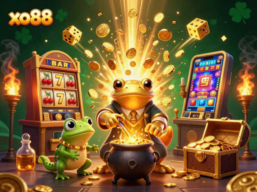Win big at xo88 with a magical alchemist transforming gold in a bustling casino scene.