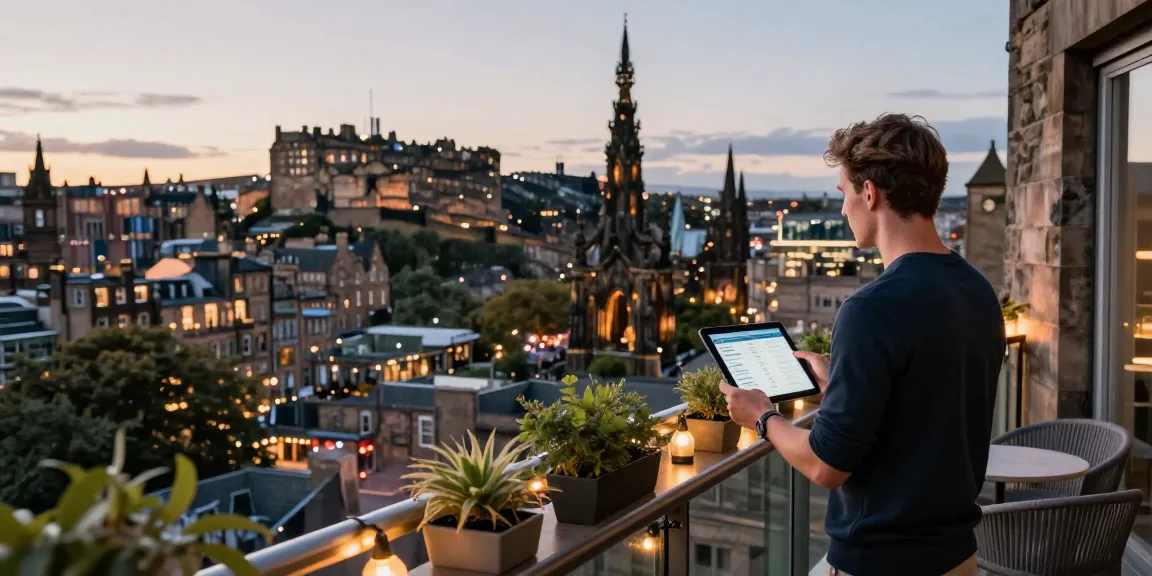 Short term lets Edinburgh with a modern host overlooking the city skyline at twilight, displaying booking stats.