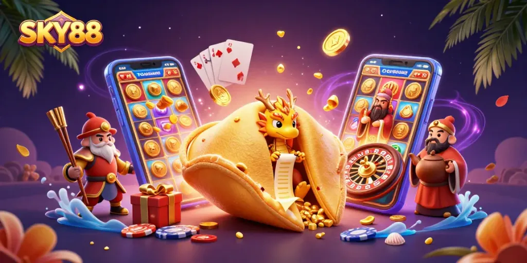Engage with the exciting world of SKY88 as golden coins erupt in a vibrant 3D casino scene.
