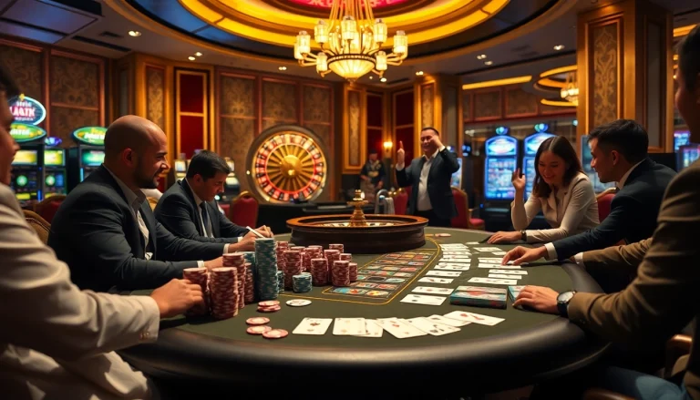 Players strategizing in a high-stakes poker game bài đổi thưởng at a dazzling casino.