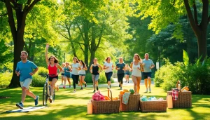 Engaged group practicing weight loss activities in a sunlit park.