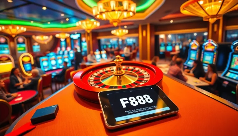 Experience the thrill of FB88 with players enjoying roulette and poker in a vibrant casino setting.