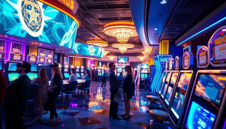 Vibrant casino floor showcasing new technology like VR gaming and holograms.