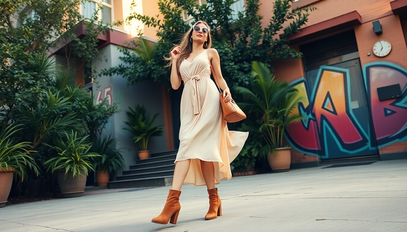 Stylish woman showcasing Women Fashion in a pastel dress, exuding confidence in a trendy urban setting.