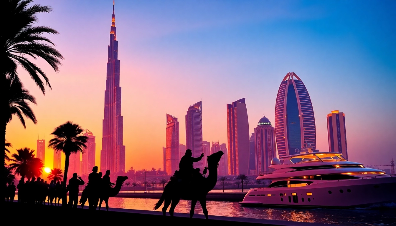 Experience the stunning skyline of Dubai at sunset, a perfect vision of Travel to Dubai enhanced by palm trees and luxurious yachts.