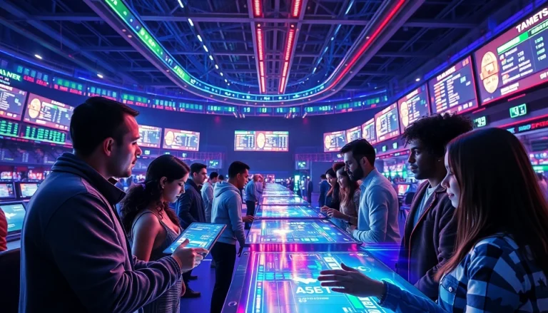 Experience new technology in a vibrant sports betting arena, showcasing cutting-edge AI interfaces and integrated environments.