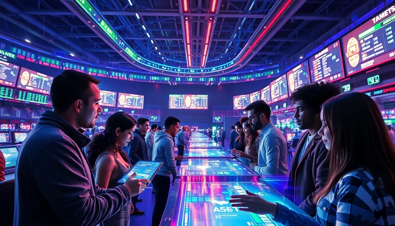 Experience new technology in a vibrant sports betting arena, showcasing cutting-edge AI interfaces and integrated environments.