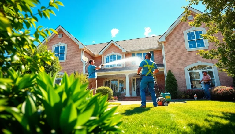 Dynamic exterior cleaning team using a pressure washer on a bright suburban house.