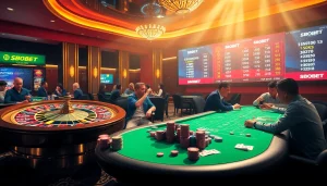 SBOBET branding on a bustling casino scene, capturing players at poker and roulette tables.