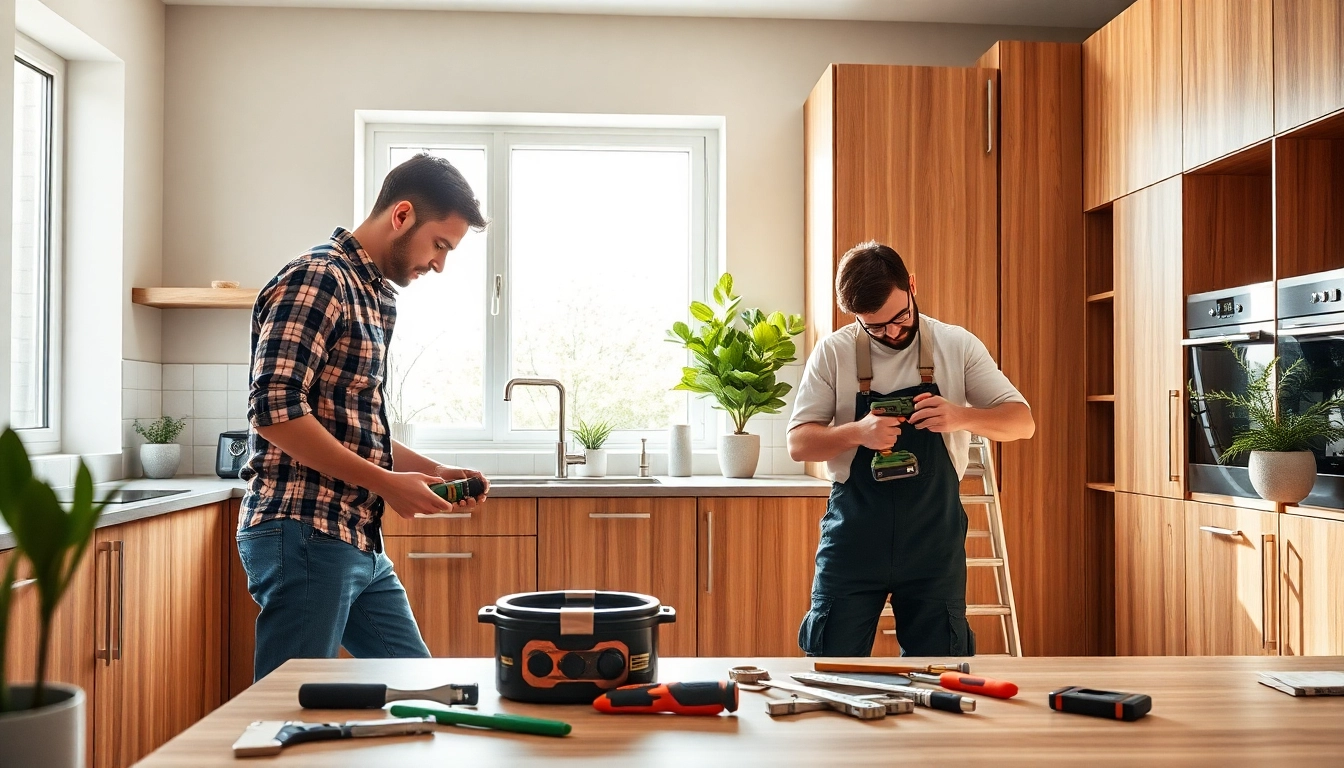 Kitchen fitters expertly installing modern cabinetry in a well-lit interior, showcasing craftsmanship and design.