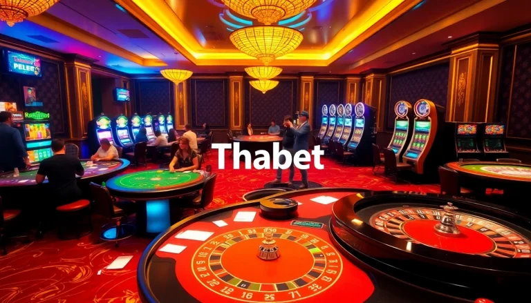 Thabet casino scene with players at a blackjack table showcasing excitement and vibrant gaming atmosphere.