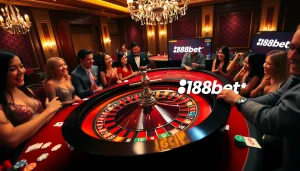 188bet players excitedly engaging at a roulette table in a luxury casino setting.