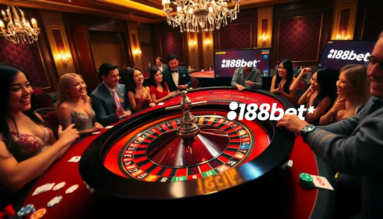 188bet players excitedly engaging at a roulette table in a luxury casino setting.