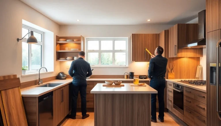Kitchen fitters expertly installing modern cabinets and countertops in a stylish kitchen.