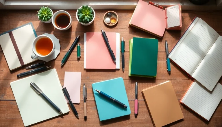 Explore premium stationery UK collection with pens, notebooks, and artistic flair in a tranquil setup.