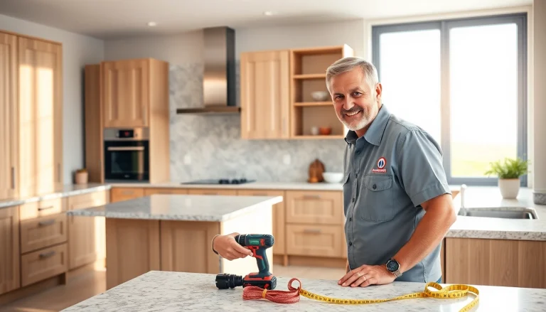 Kitchen fitters meticulously installing cabinetry in a modern home setting, showcasing craftsmanship and detail.