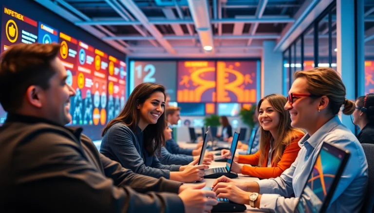 Engaged employees participating in employee gamification activities in a vibrant workspace.