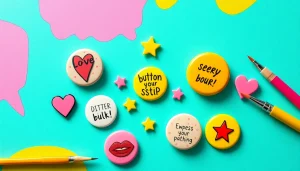 Colorful collection of button pins showcasing unique designs, perfect for personal expression.