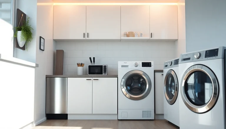 Showcase a selection of бяла техника appliances emphasizing quality, style, and functionality in a modern kitchen setting.