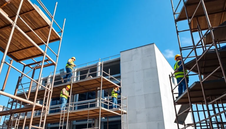 Caption showing Scaffolders Bolton setting up scaffolding safely on a construction site.