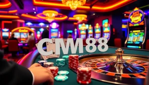 CM88 shines at the vibrant poker table, showcasing excitement with colorful chips and cards in a bustling casino.