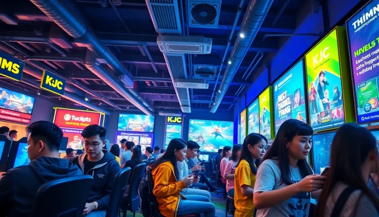 Experience the energy of LIÊN MINH KJC at a modern entertainment hub with gamers and engaging digital displays.