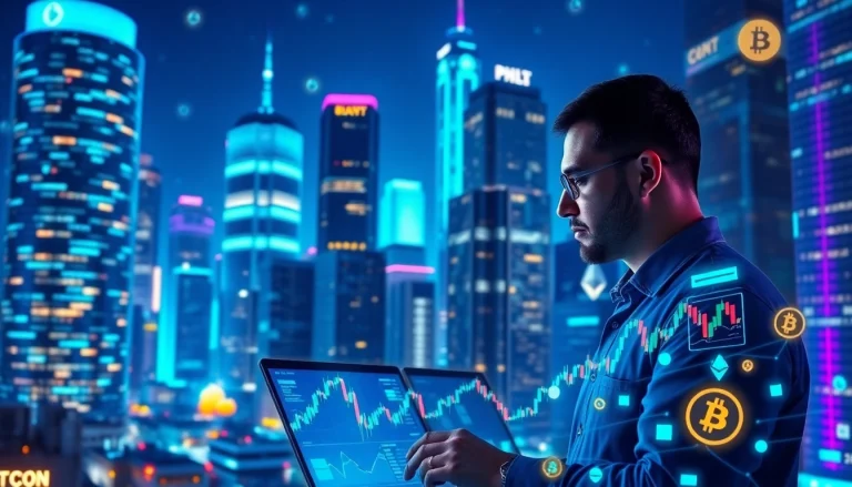 Cryptocurrency network visualization showcasing Bitcoin trading charts, digital wallets, and blockchain technology.