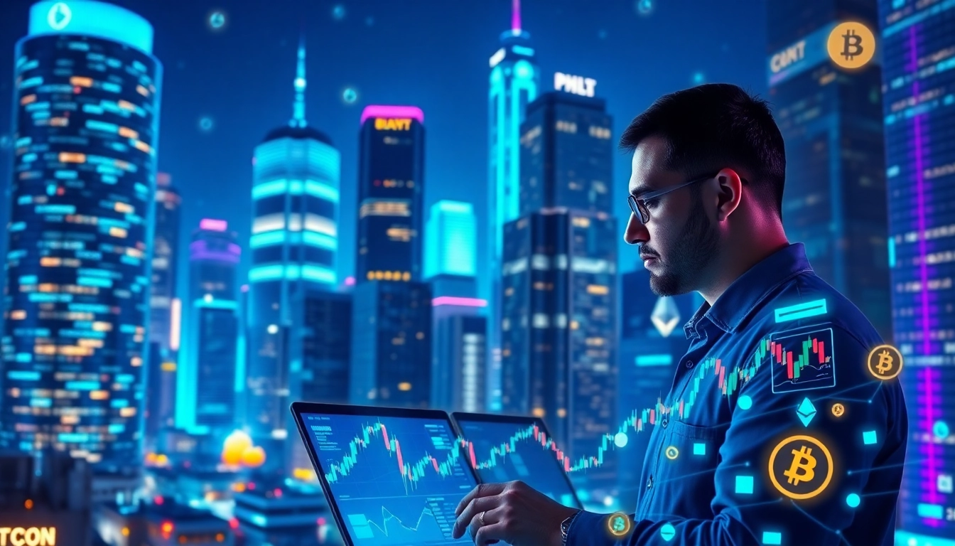 Cryptocurrency network visualization showcasing Bitcoin trading charts, digital wallets, and blockchain technology.