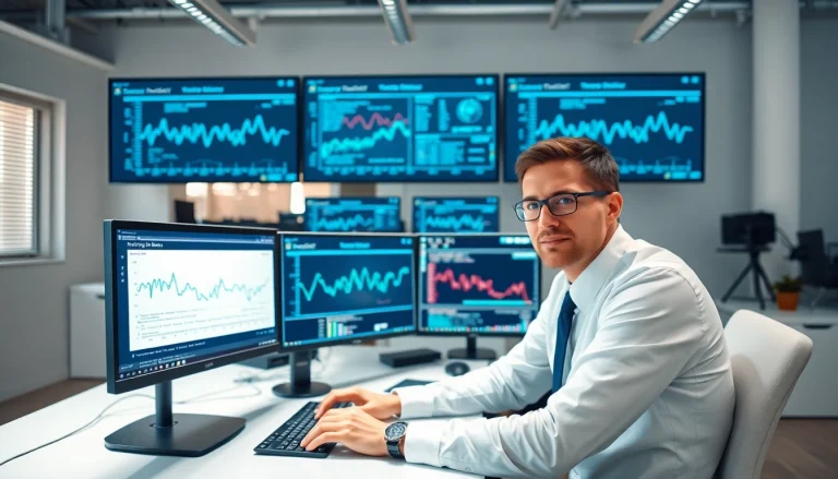 Analyzing residential proxy networks in a modern office with digital screens.
