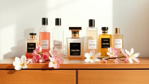 Discover a Tom Ford perfume dupe elegantly arranged with floral accents.